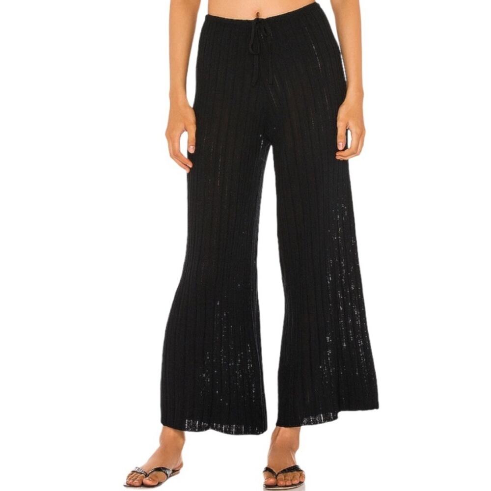 SNDYS Everyday Lounge x Revolve Baha Ribbed Knit Wide Leg Pants Black Medium NWT